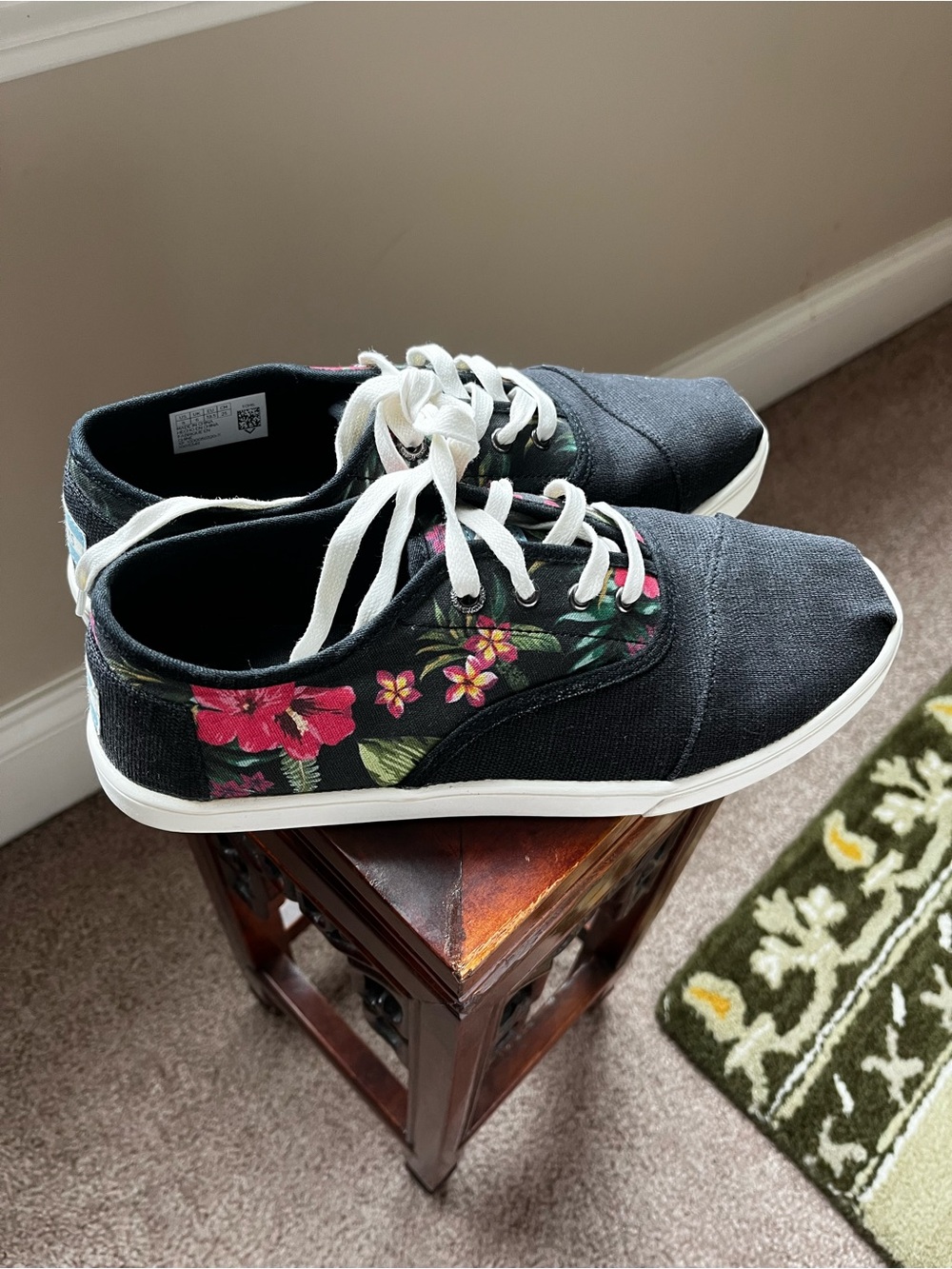 Toms Black Canvas Sneakers with Pink Floral Accents